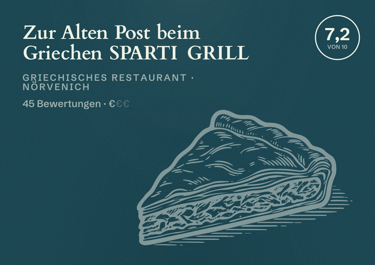 Illustriertes Poster von Zur Alten Post beim Griechen SPARTI GRILL, Griechisches Restaurant in Nörvenich: Bewertung 7,2 von 10 aus 45 Bewertungen, Preisniveau €
