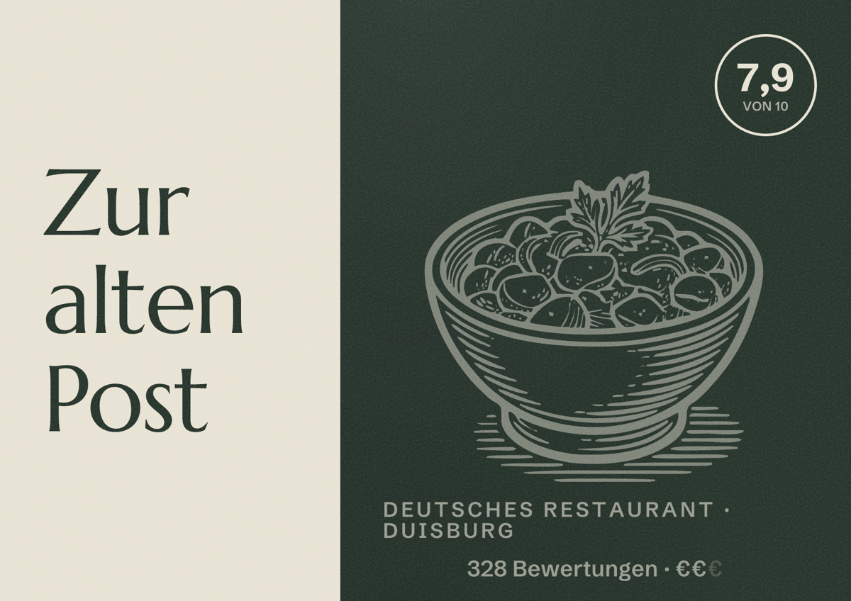 Illustriertes Poster von Zur alten Post, Deutsches Restaurant in Duisburg: Bewertung 7,9 von 10 aus 328 Bewertungen, Preisniveau €€