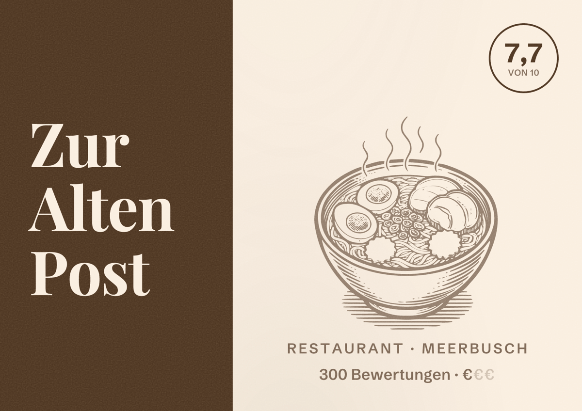 Illustriertes Poster von Zur Alten Post, Restaurant in Meerbusch: Bewertung 7,7 von 10 aus 300 Bewertungen, Preisniveau €