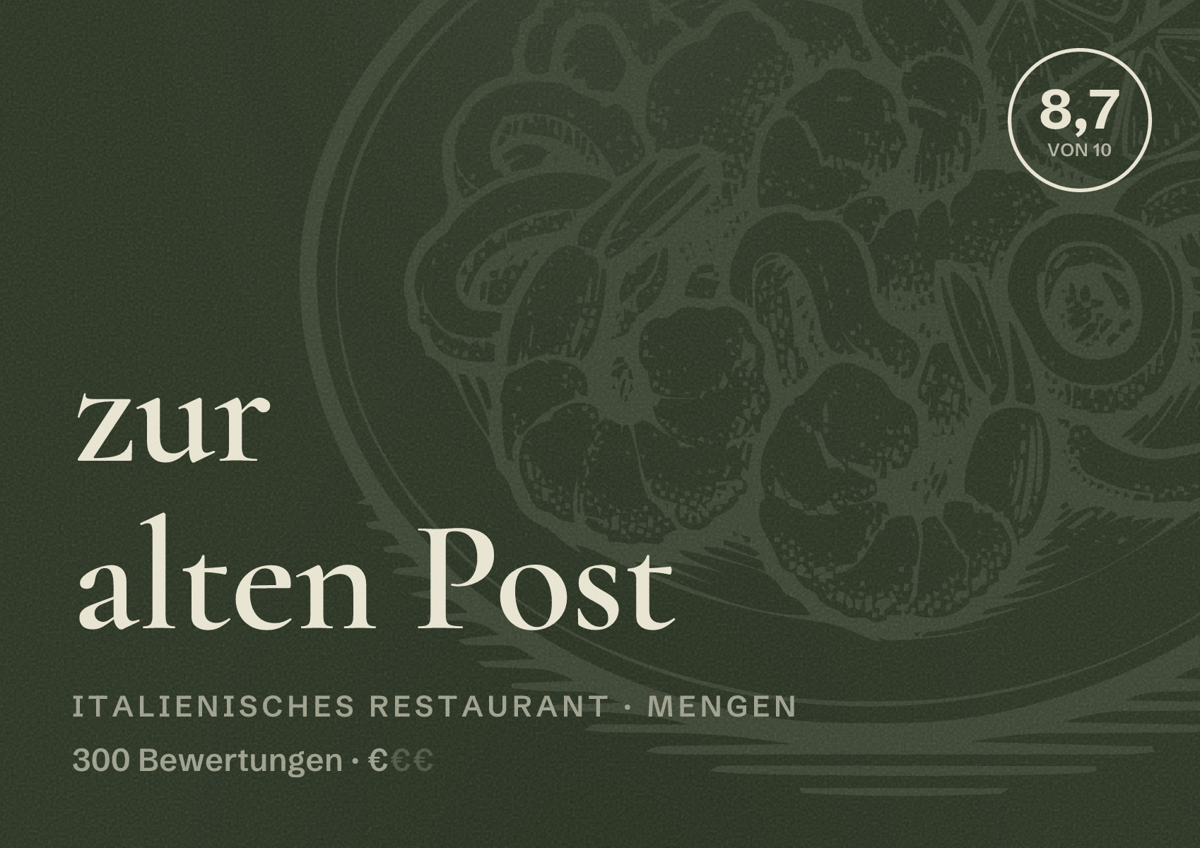 Illustriertes Poster von zur alten Post, Italienisches Restaurant in Mengen: Bewertung 8,7 von 10 aus 300 Bewertungen, Preisniveau €
