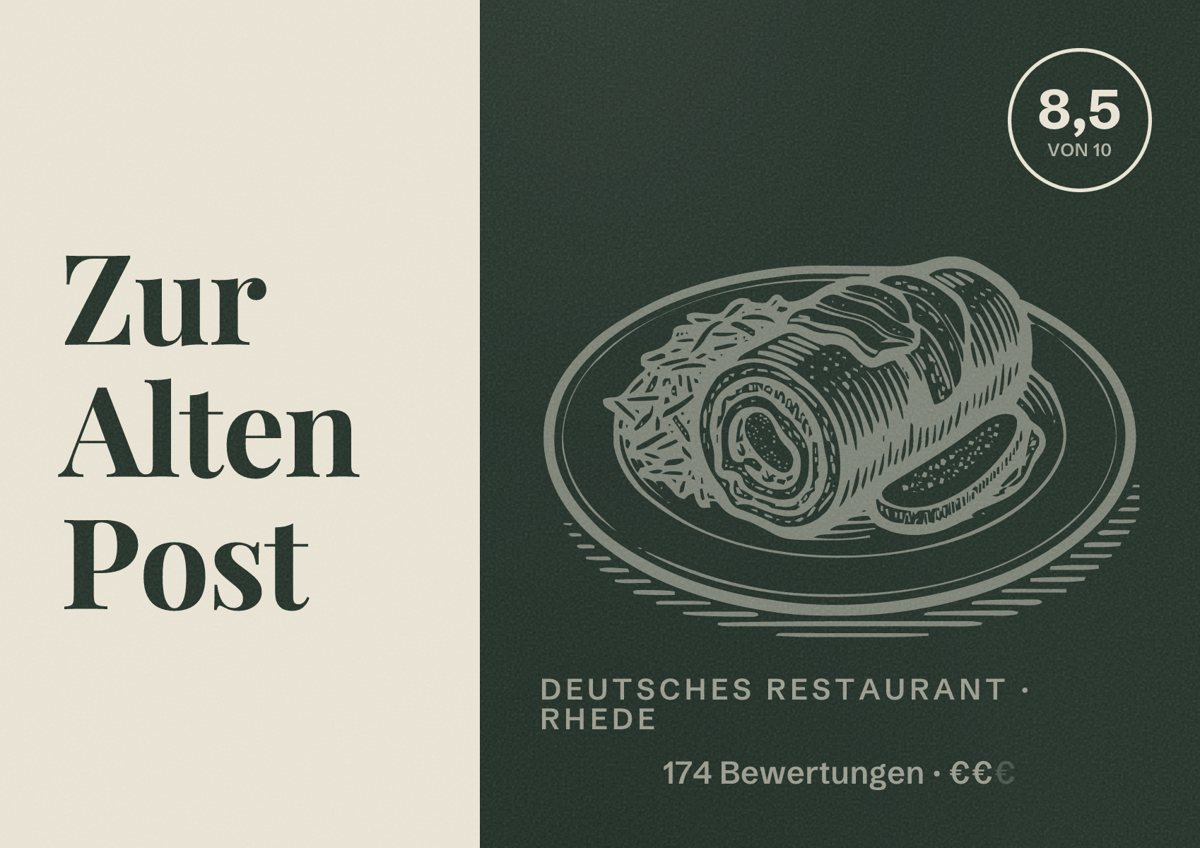 Illustriertes Poster von Zur Alten Post, Deutsches Restaurant in Rhede: Bewertung 8,5 von 10 aus 174 Bewertungen, Preisniveau €€