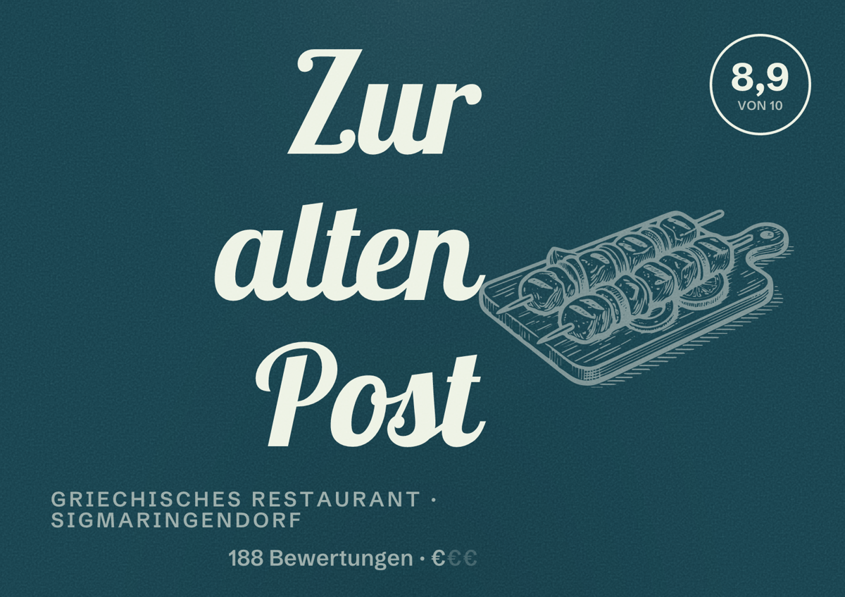 Illustriertes Poster von Zur alten Post, Griechisches Restaurant in Sigmaringendorf: Bewertung 8,9 von 10 aus 188 Bewertungen, Preisniveau €