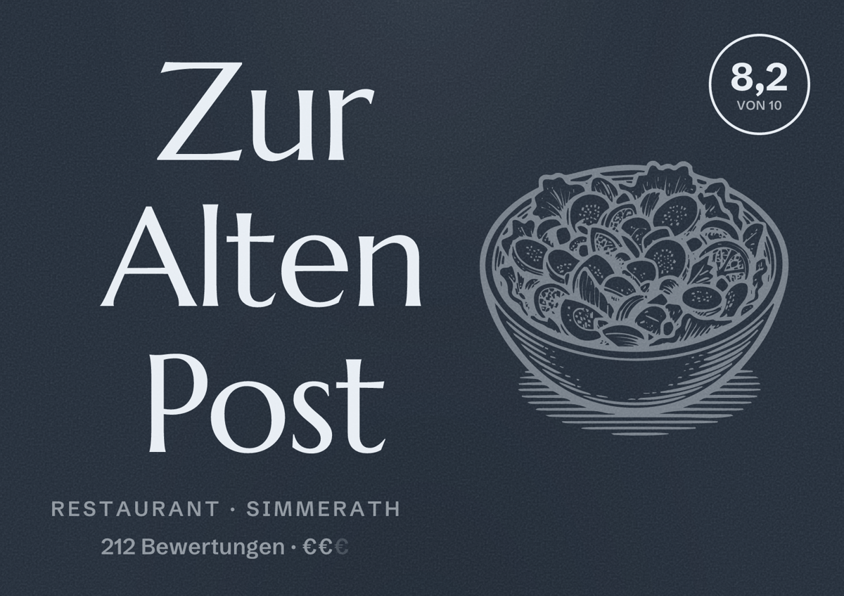 Illustriertes Poster von Zur Alten Post, Restaurant in Simmerath: Bewertung 8,2 von 10 aus 212 Bewertungen, Preisniveau €€