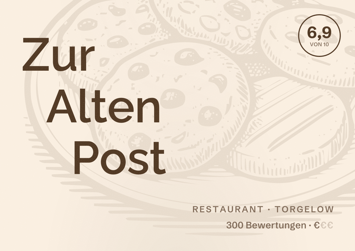 Illustriertes Poster von Zur Alten Post, Restaurant in Torgelow: Bewertung 6,9 von 10 aus 300 Bewertungen, Preisniveau €