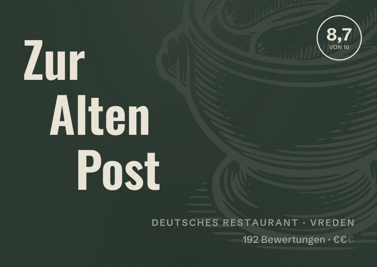 Illustriertes Poster von Zur Alten Post, Deutsches Restaurant in Vreden: Bewertung 8,7 von 10 aus 192 Bewertungen, Preisniveau €€