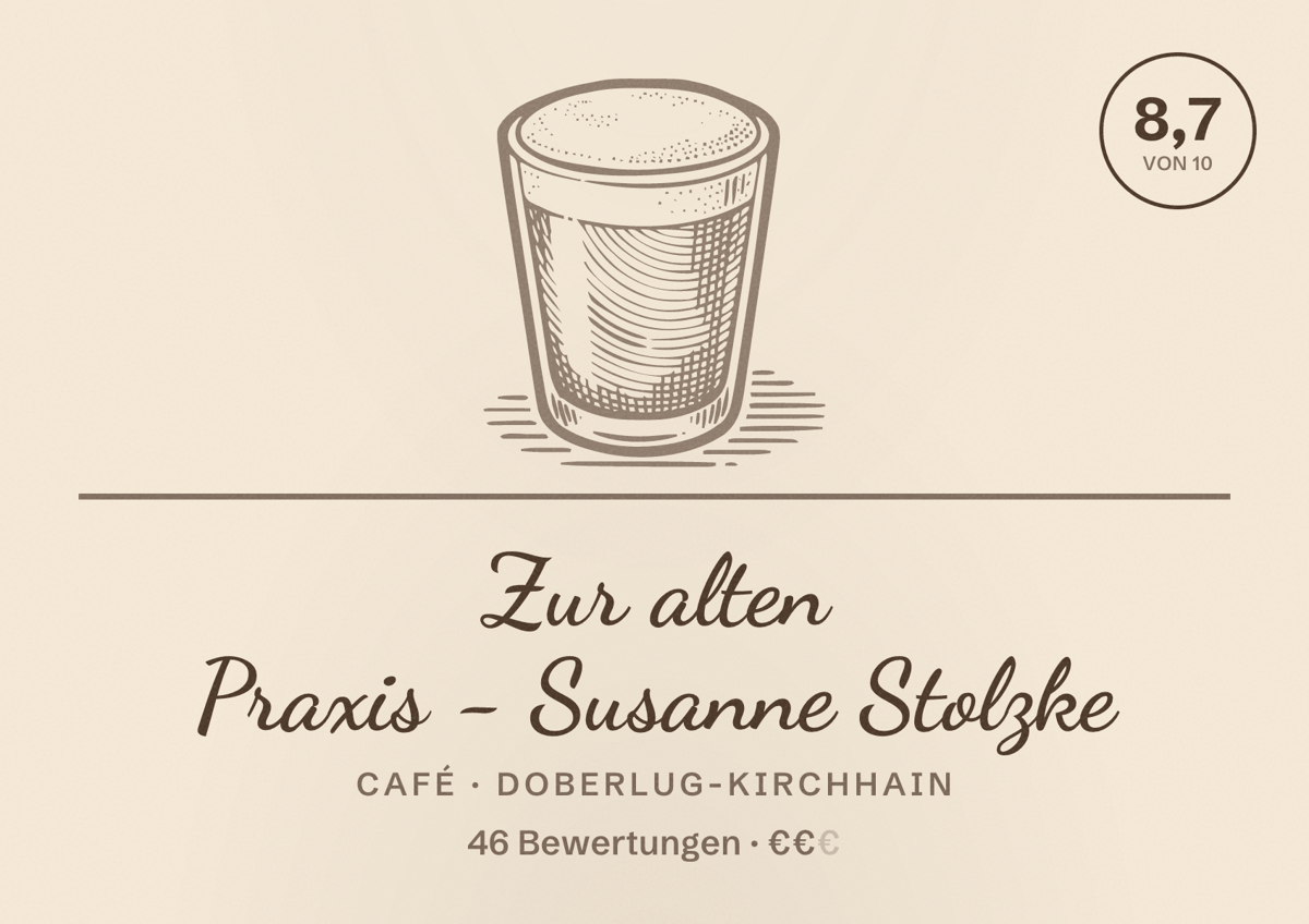 Illustriertes Poster von Zur alten Praxis - Susanne Stolzke, Café in Doberlug-Kirchhain: Bewertung 8,7 von 10 aus 46 Bewertungen, Preisniveau €€