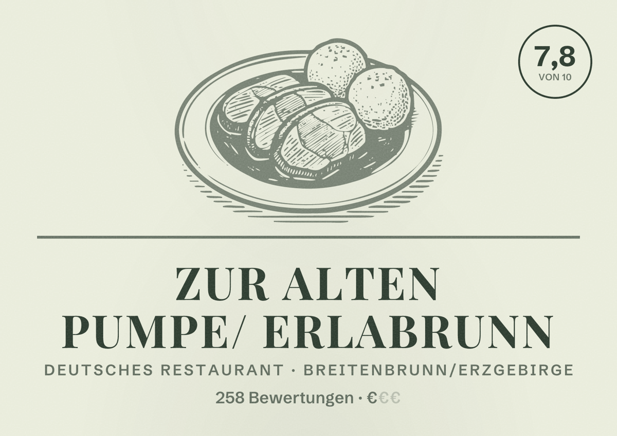 Illustriertes Poster von Zur alten Pumpe/ Erlabrunn, Deutsches Restaurant in Breitenbrunn/Erzgebirge: Bewertung 7,8 von 10 aus 258 Bewertungen, Preisniveau €