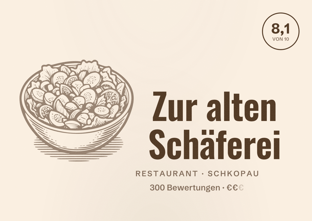 Illustriertes Poster von Zur alten Schäferei, Restaurant in Schkopau: Bewertung 8,1 von 10 aus 300 Bewertungen, Preisniveau €€