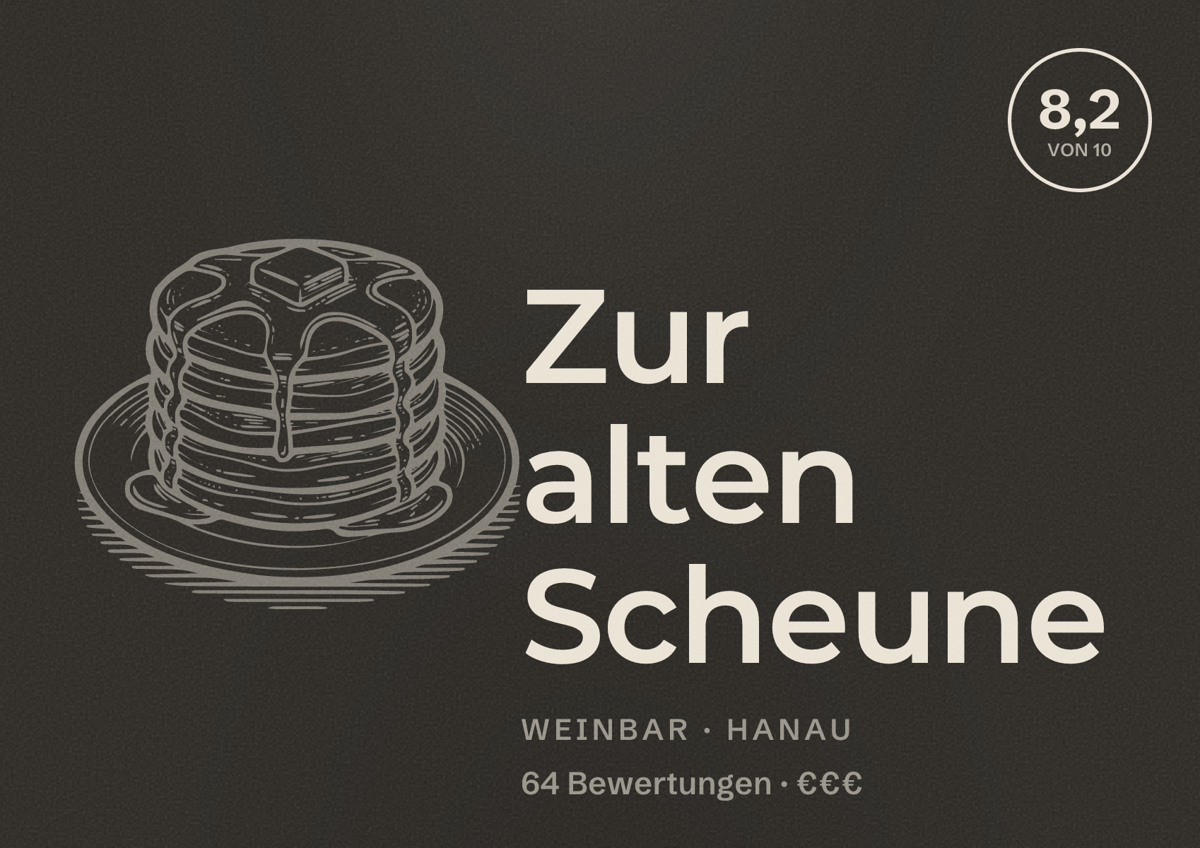 Illustriertes Poster von Zur alten Scheune, Weinbar in Hanau: Bewertung 8,2 von 10 aus 64 Bewertungen, Preisniveau €€€