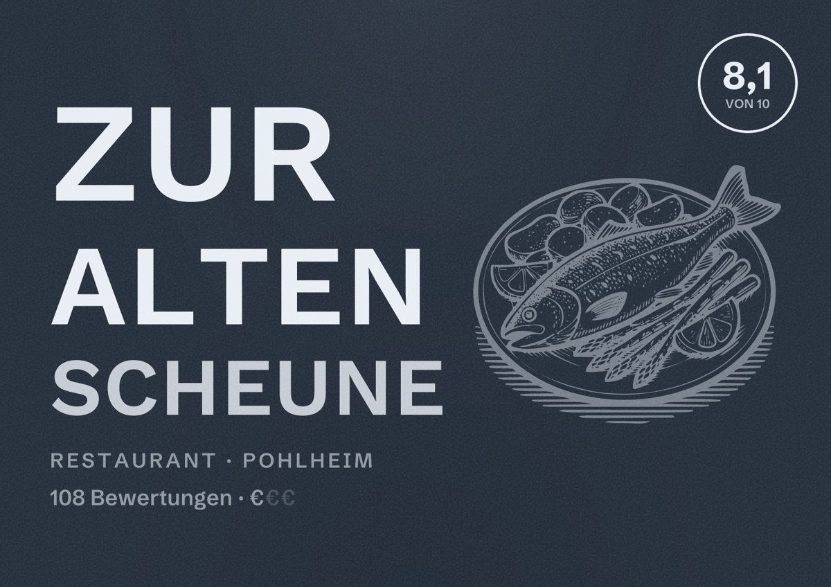 Illustriertes Poster von Zur alten Scheune, Restaurant in Pohlheim: Bewertung 8,1 von 10 aus 108 Bewertungen, Preisniveau €