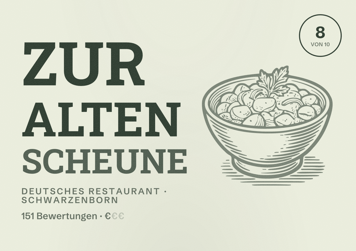Illustriertes Poster von Zur alten Scheune, Deutsches Restaurant in Schwarzenborn: Bewertung 8 von 10 aus 151 Bewertungen, Preisniveau €