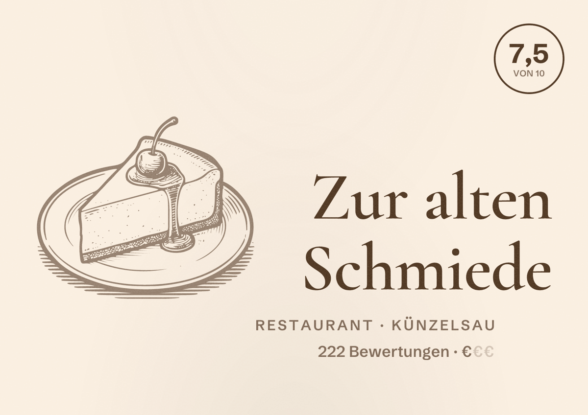 Illustriertes Poster von Zur alten Schmiede, Restaurant in Künzelsau: Bewertung 7,5 von 10 aus 222 Bewertungen, Preisniveau €