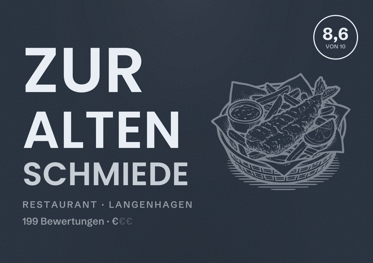 Illustriertes Poster von Zur Alten Schmiede, Restaurant in Langenhagen: Bewertung 8,6 von 10 aus 199 Bewertungen, Preisniveau €