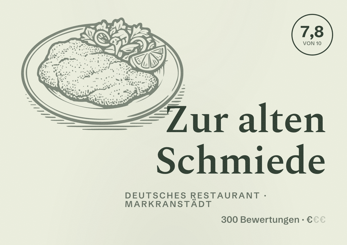 Illustriertes Poster von Zur alten Schmiede, Deutsches Restaurant in Markranstädt: Bewertung 7,8 von 10 aus 300 Bewertungen, Preisniveau €