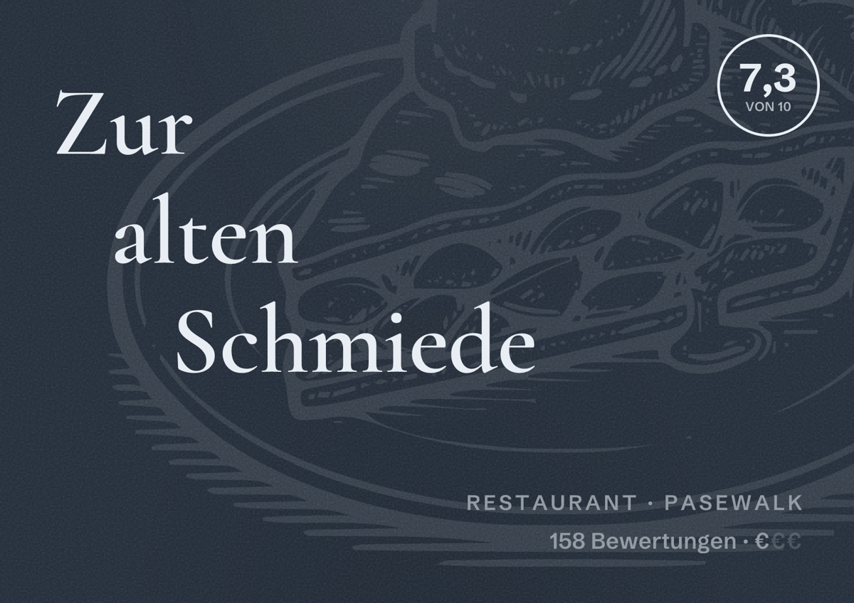 Illustriertes Poster von Zur alten Schmiede, Restaurant in Pasewalk: Bewertung 7,3 von 10 aus 158 Bewertungen, Preisniveau €