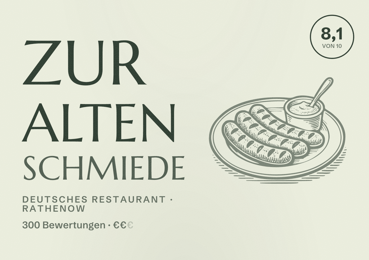 Illustriertes Poster von Zur Alten Schmiede, Deutsches Restaurant in Rathenow: Bewertung 8,1 von 10 aus 300 Bewertungen, Preisniveau €€