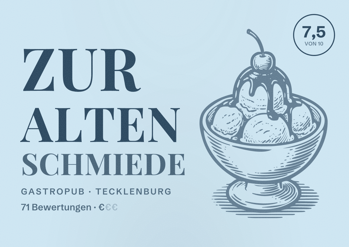 Illustriertes Poster von Zur Alten Schmiede, Gastropub in Tecklenburg: Bewertung 7,5 von 10 aus 71 Bewertungen, Preisniveau €