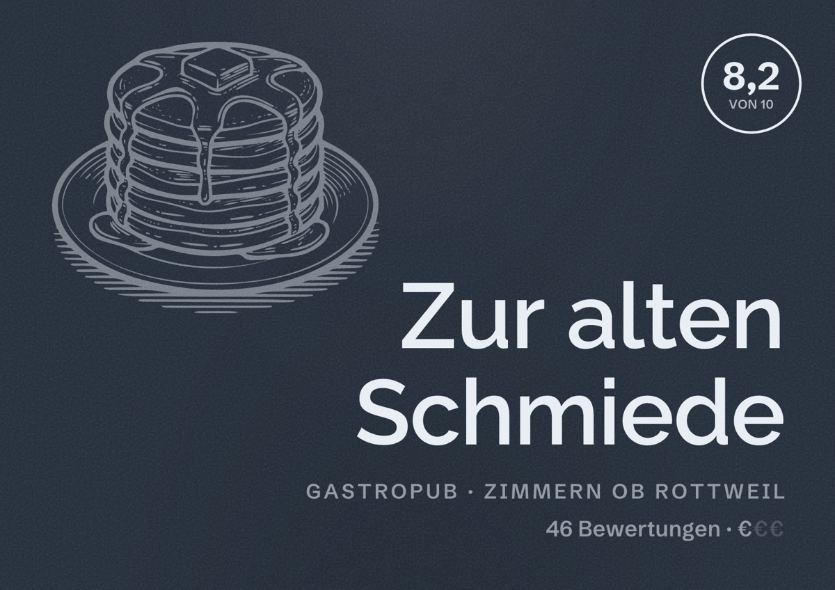 Illustriertes Poster von Zur alten Schmiede, Gastropub in Zimmern ob Rottweil: Bewertung 8,2 von 10 aus 46 Bewertungen, Preisniveau €