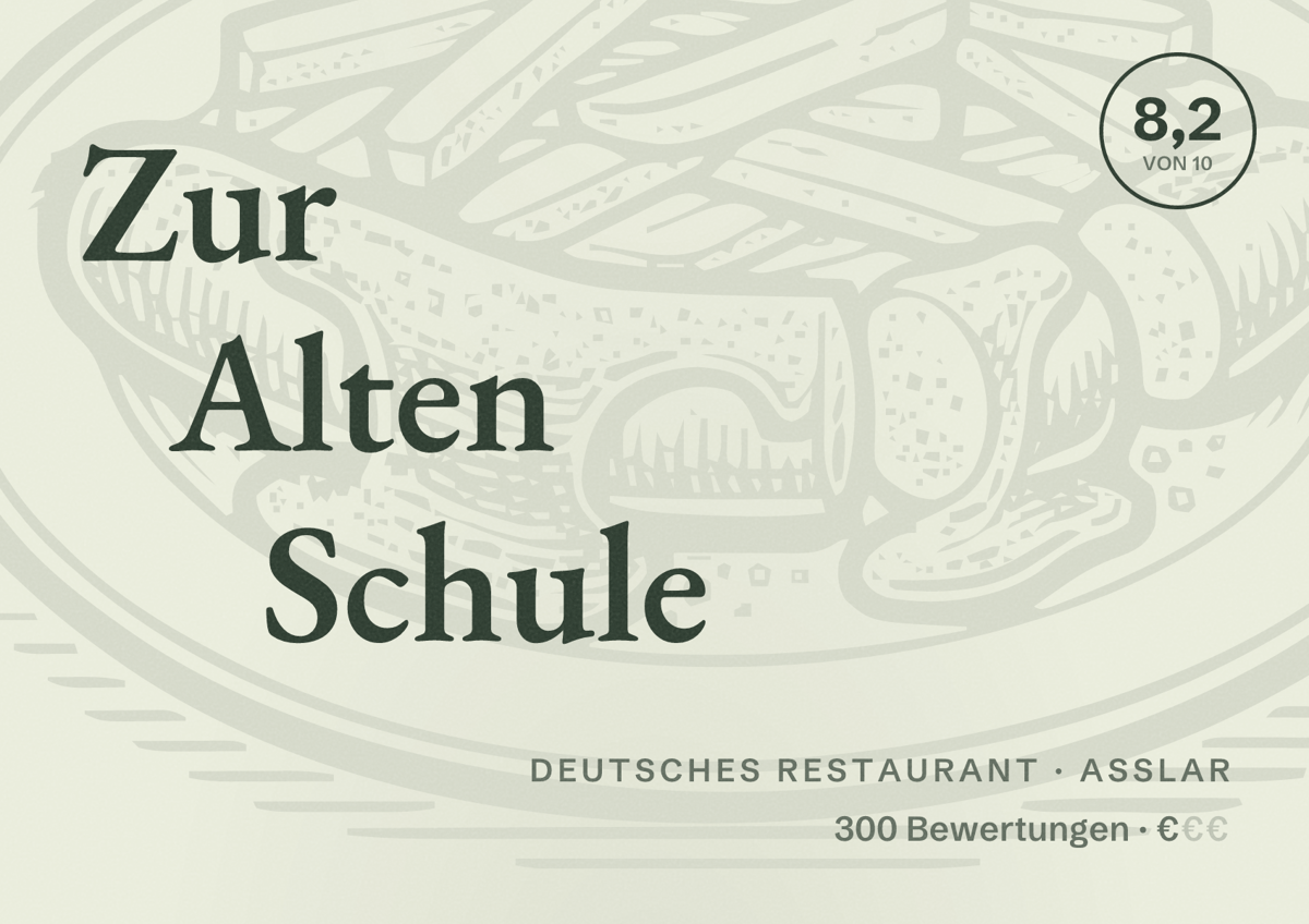 Illustriertes Poster von Zur Alten Schule, Deutsches Restaurant in Aßlar: Bewertung 8,2 von 10 aus 300 Bewertungen, Preisniveau €
