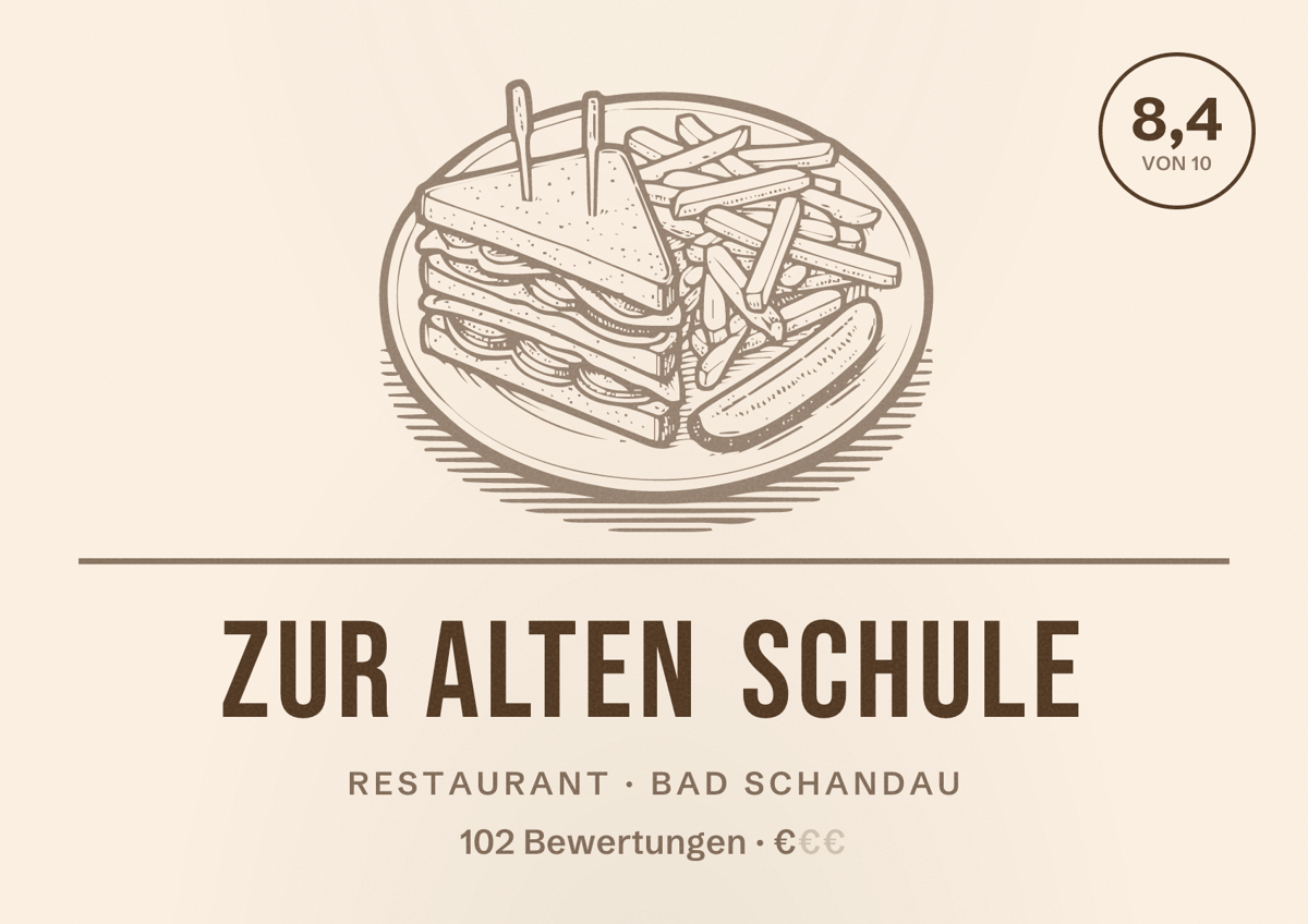 Illustriertes Poster von Zur alten Schule, Restaurant in Bad Schandau: Bewertung 8,4 von 10 aus 102 Bewertungen, Preisniveau €