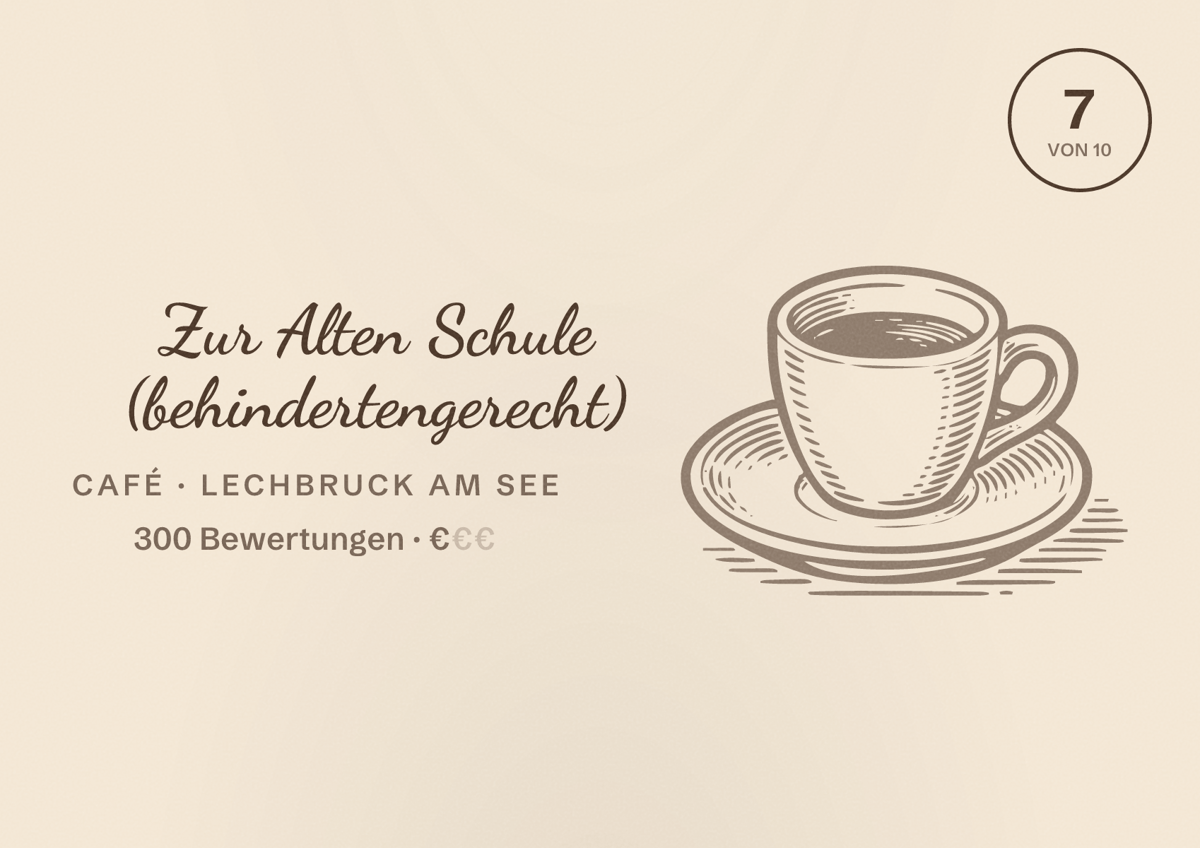 Illustriertes Poster von Zur Alten Schule (behindertengerecht), Café in Lechbruck am See: Bewertung 7 von 10 aus 300 Bewertungen, Preisniveau €