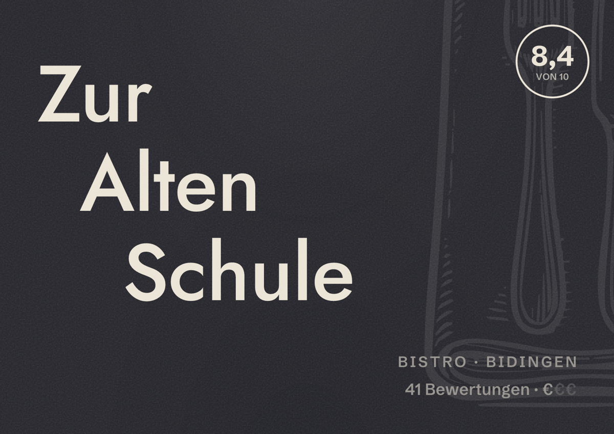 Illustriertes Poster von Zur Alten Schule, Bistro in Bidingen: Bewertung 8,4 von 10 aus 41 Bewertungen, Preisniveau €