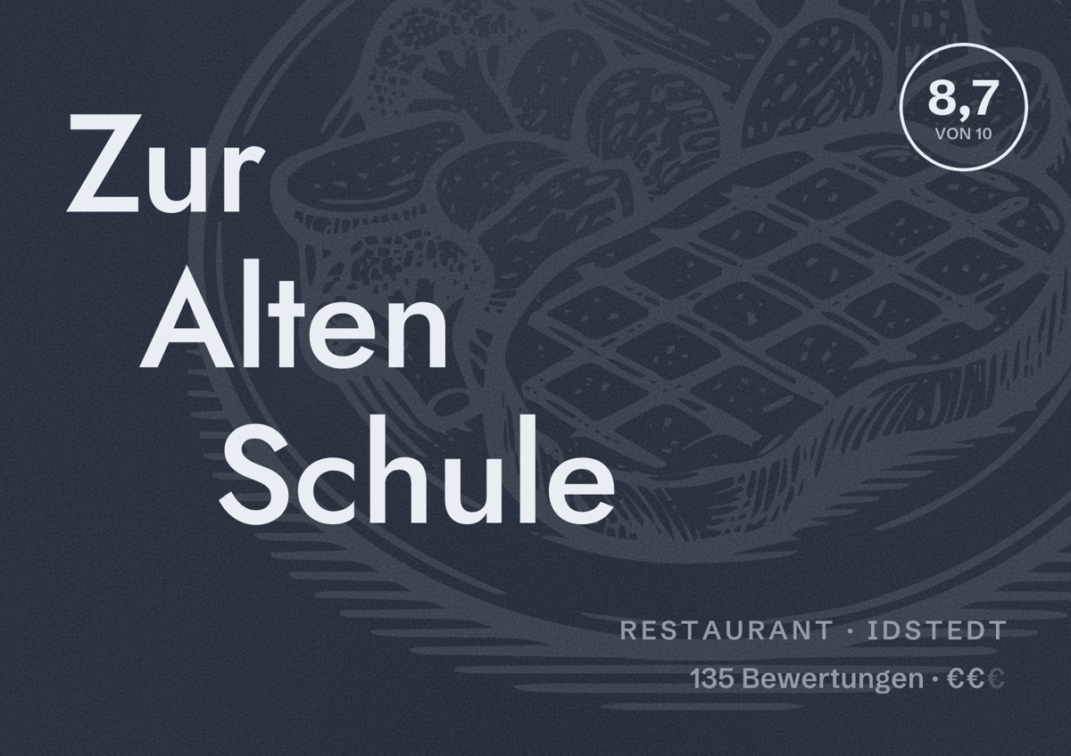 Illustriertes Poster von Zur Alten Schule, Restaurant in Idstedt: Bewertung 8,7 von 10 aus 135 Bewertungen, Preisniveau €€