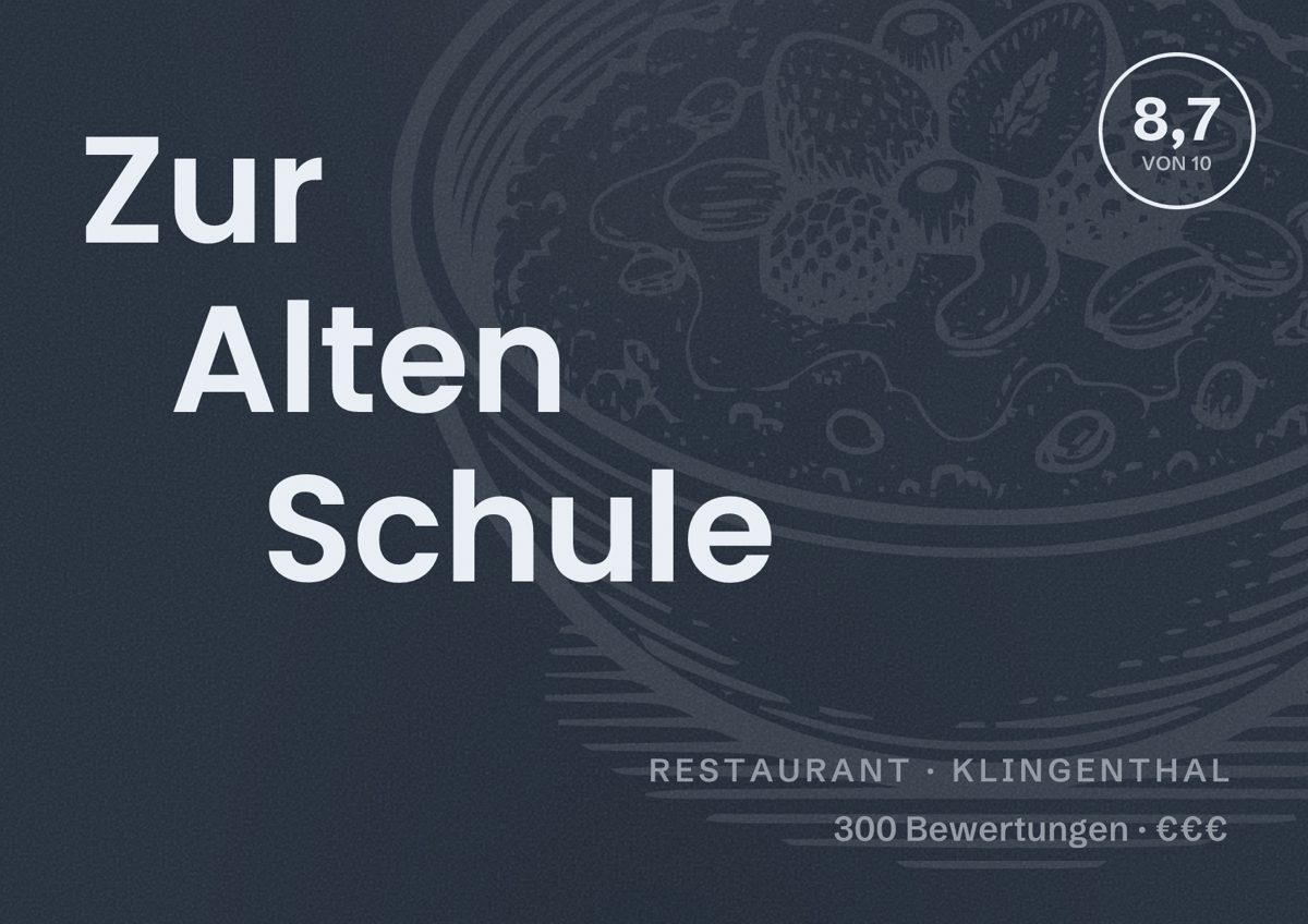 Illustriertes Poster von Zur Alten Schule, Restaurant in Klingenthal: Bewertung 8,7 von 10 aus 300 Bewertungen, Preisniveau €€€
