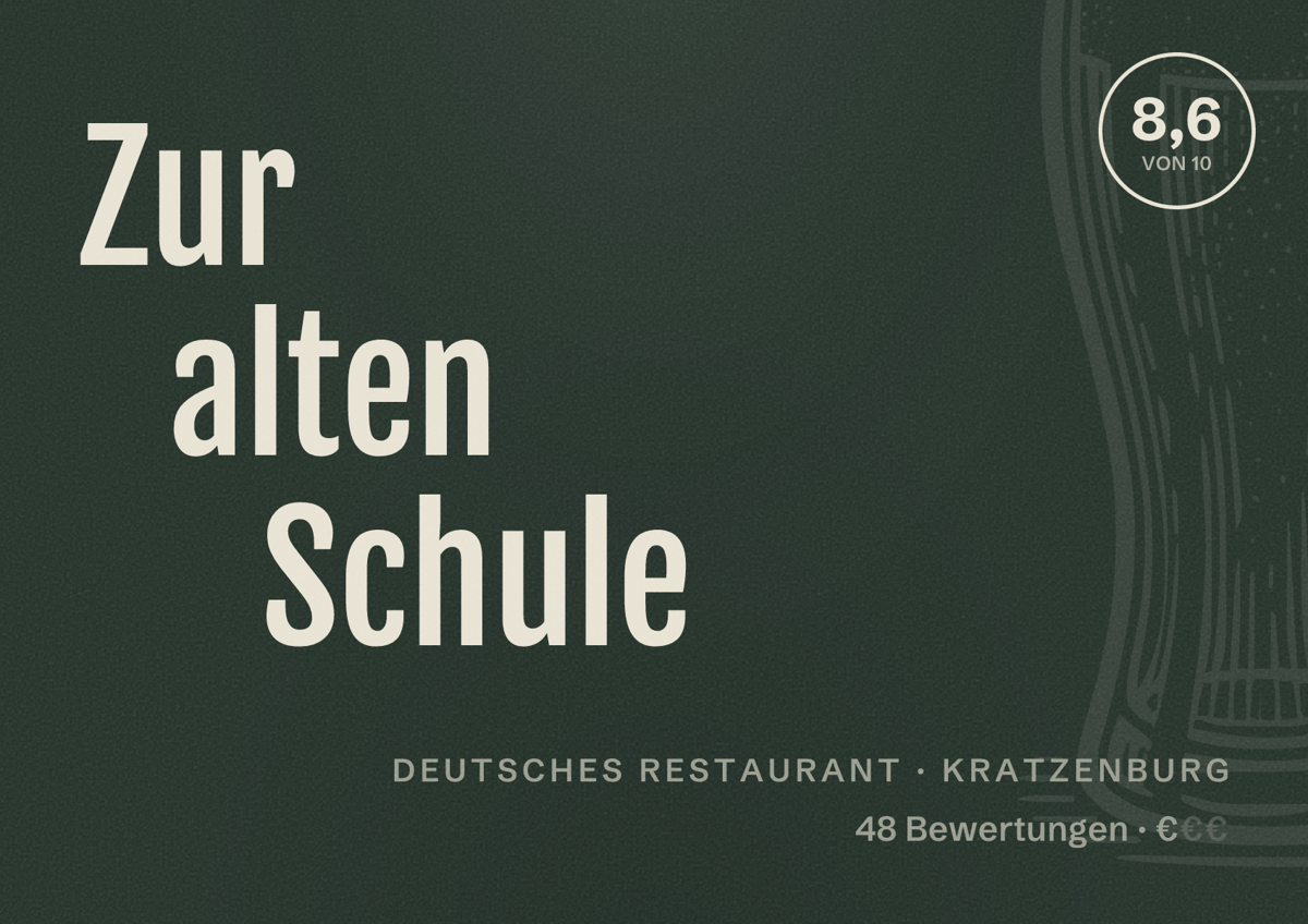 Illustriertes Poster von Zur alten Schule, Deutsches Restaurant in Kratzenburg: Bewertung 8,6 von 10 aus 48 Bewertungen, Preisniveau €