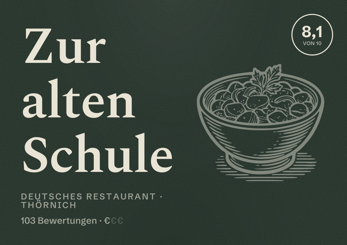 Illustriertes Poster von Zur alten Schule, Deutsches Restaurant in Thörnich: Bewertung 8,1 von 10 aus 103 Bewertungen, Preisniveau €