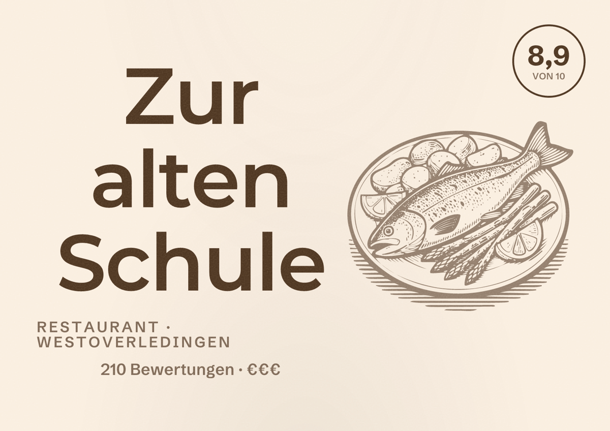 Illustriertes Poster von Zur alten Schule, Restaurant in Westoverledingen: Bewertung 8,9 von 10 aus 210 Bewertungen, Preisniveau €€€