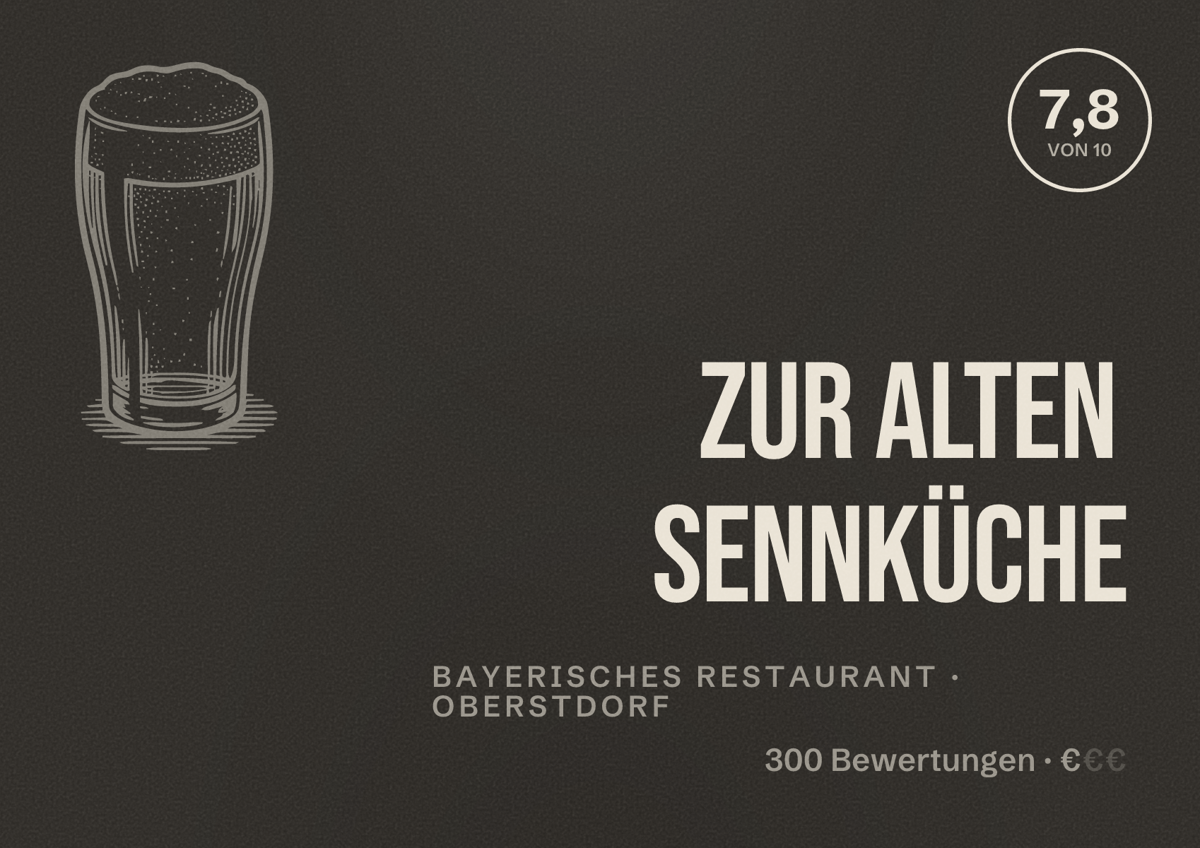 Illustriertes Poster von Zur Alten Sennküche, Bayerisches Restaurant in Oberstdorf: Bewertung 7,8 von 10 aus 300 Bewertungen, Preisniveau €