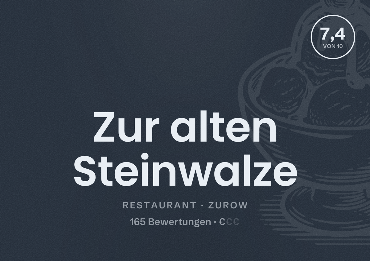 Illustriertes Poster von Zur alten Steinwalze, Restaurant in Zurow: Bewertung 7,4 von 10 aus 165 Bewertungen, Preisniveau €