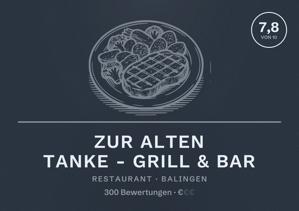 Illustriertes Poster von Zur Alten Tanke - Grill & Bar, Restaurant in Balingen: Bewertung 7,8 von 10 aus 300 Bewertungen, Preisniveau €