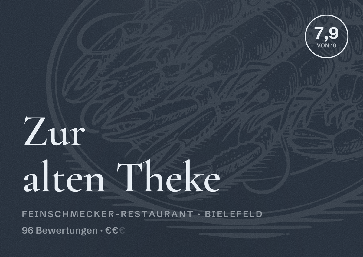 Illustriertes Poster von Zur alten Theke, Feinschmecker-Restaurant in Bielefeld: Bewertung 7,9 von 10 aus 96 Bewertungen, Preisniveau €€