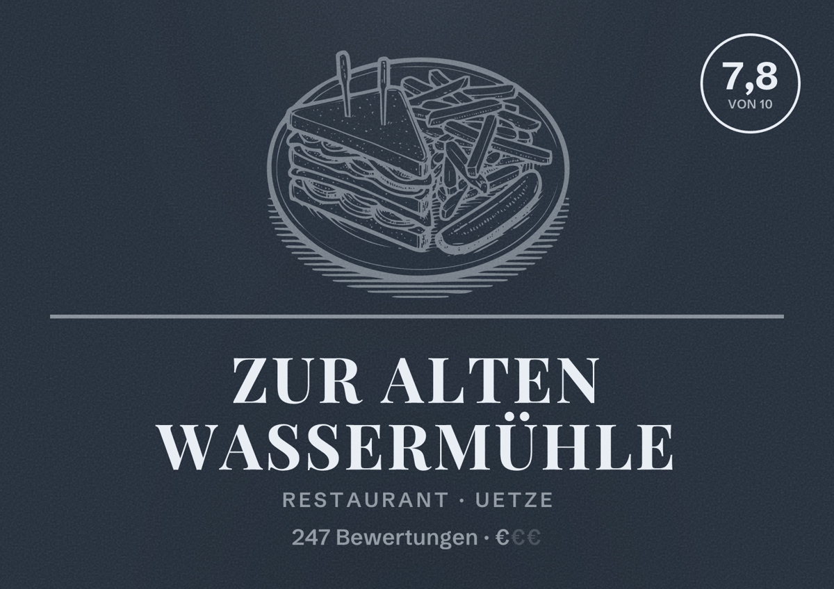 Illustriertes Poster von Zur Alten Wassermühle, Restaurant in Uetze: Bewertung 7,8 von 10 aus 247 Bewertungen, Preisniveau €