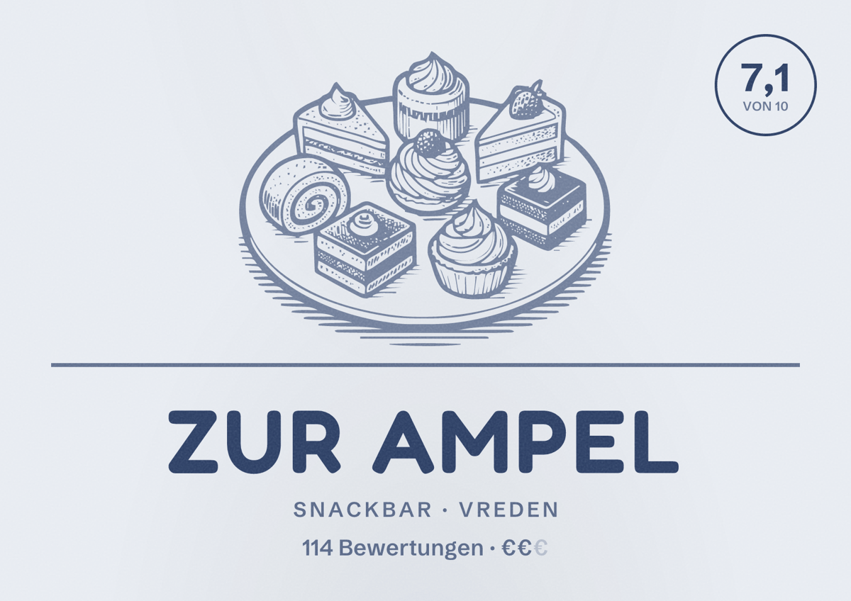 Illustriertes Poster von Zur Ampel, Snackbar in Vreden: Bewertung 7,1 von 10 aus 114 Bewertungen, Preisniveau €€