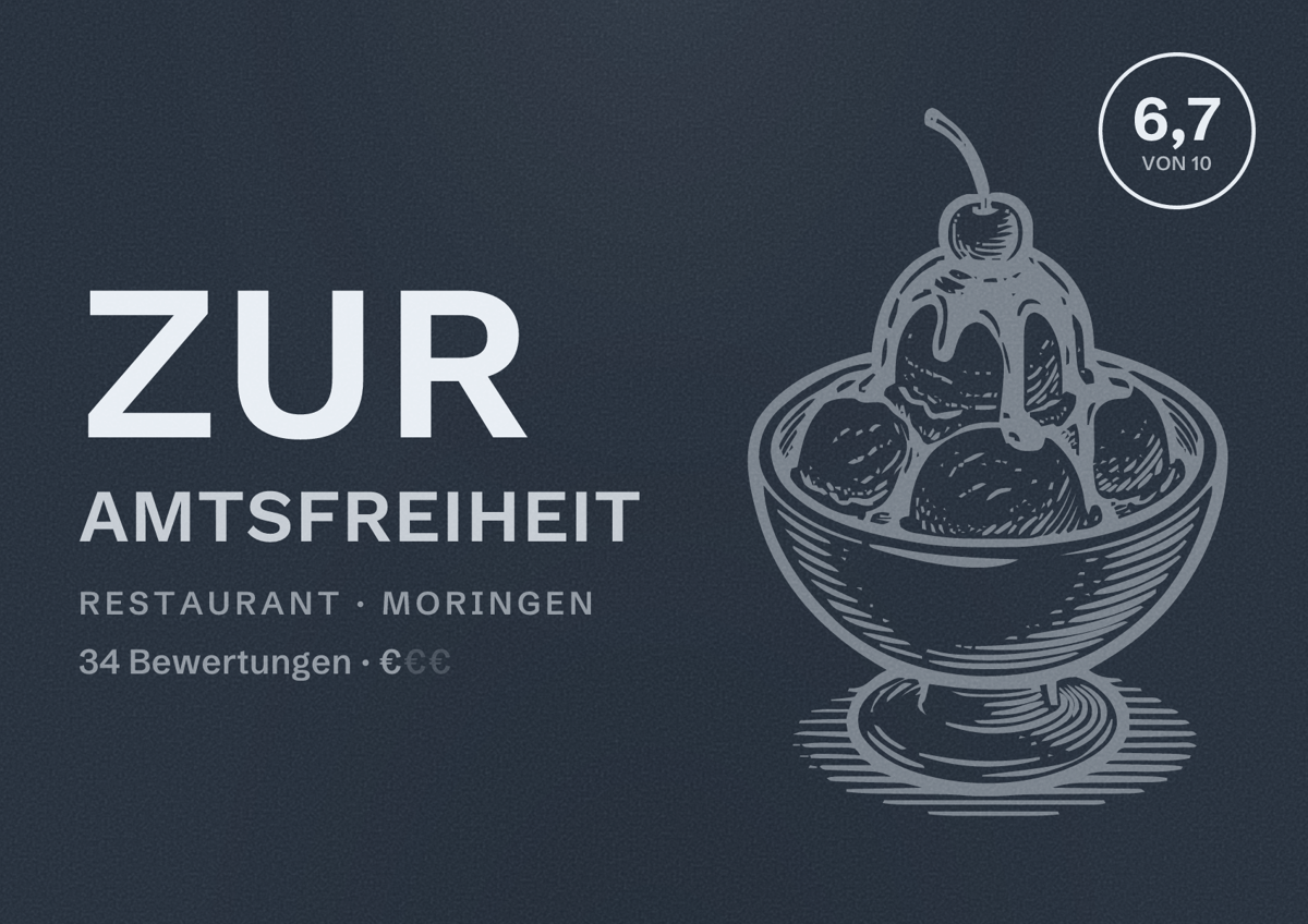 Illustriertes Poster von Zur Amtsfreiheit, Restaurant in Moringen: Bewertung 6,7 von 10 aus 34 Bewertungen, Preisniveau €