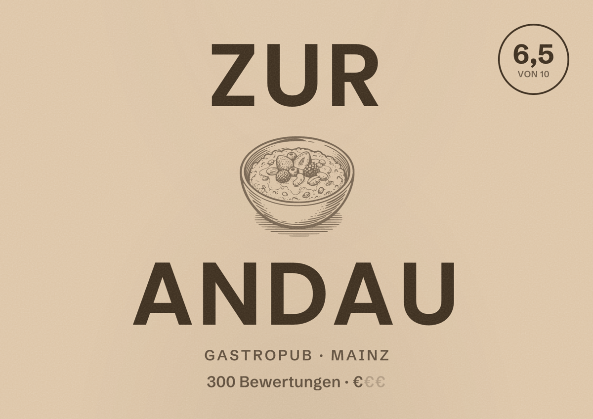 Illustriertes Poster von Zur Andau, Gastropub in Mainz: Bewertung 6,5 von 10 aus 300 Bewertungen, Preisniveau €