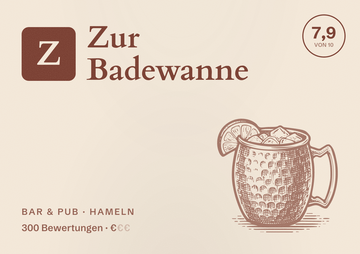 Illustriertes Poster von Zur Badewanne, Bar & Pub in Hameln: Bewertung 7,9 von 10 aus 300 Bewertungen, Preisniveau €