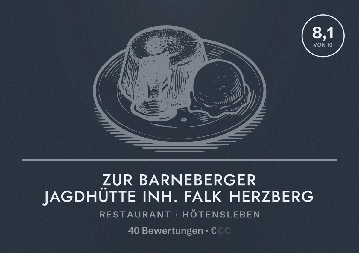 Illustriertes Poster von Zur Barneberger Jagdhütte Inh. Falk Herzberg, Restaurant in Hötensleben: Bewertung 8,1 von 10 aus 40 Bewertungen, Preisniveau €