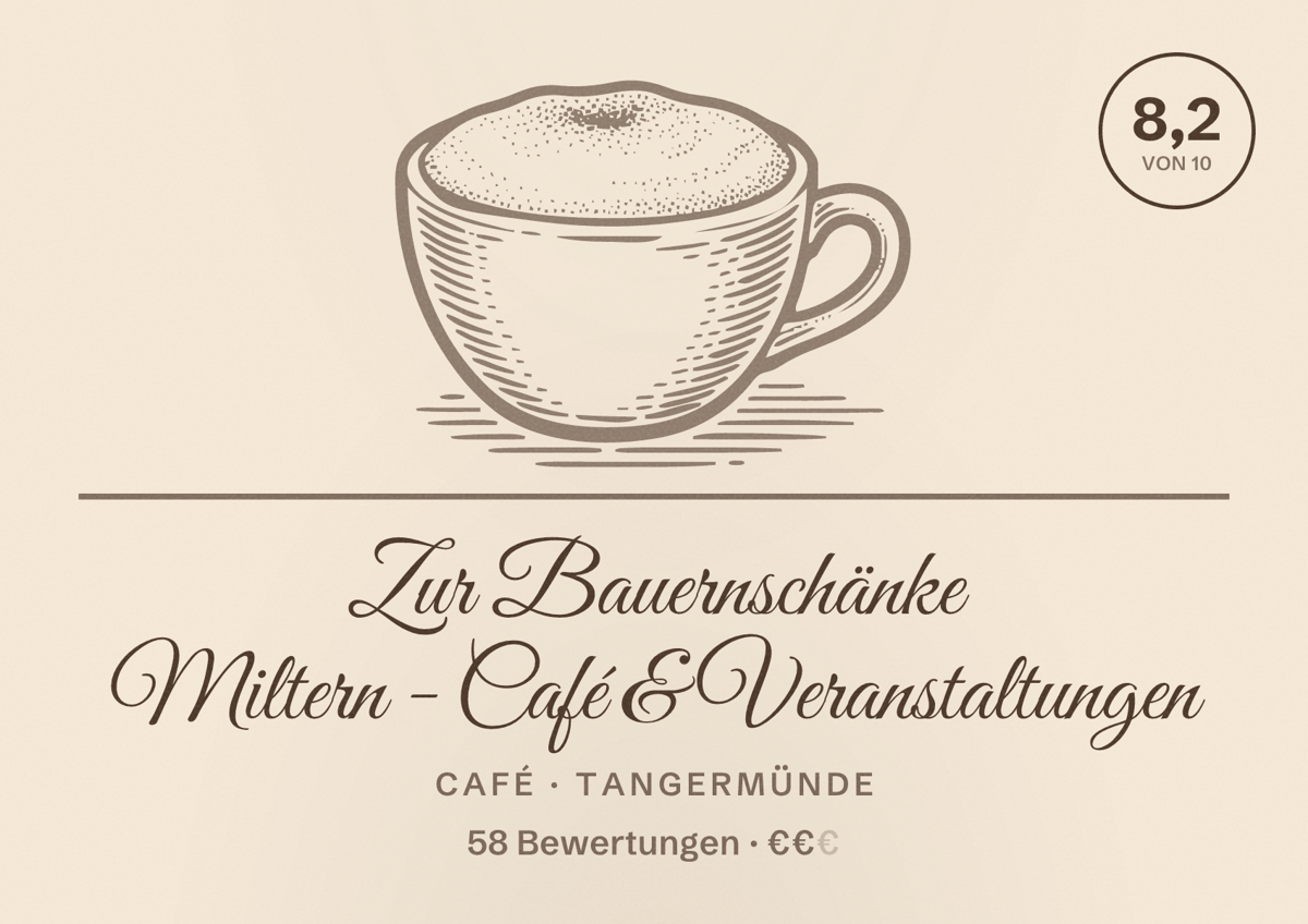 Illustriertes Poster von Zur Bauernschänke Miltern - Café & Veranstaltungen, Café in Tangermünde: Bewertung 8,2 von 10 aus 58 Bewertungen, Preisniveau €€