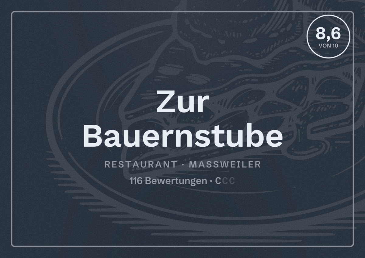 Illustriertes Poster von Zur Bauernstube, Restaurant in Maßweiler: Bewertung 8,6 von 10 aus 116 Bewertungen, Preisniveau €