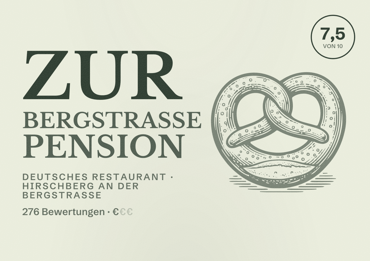 Illustriertes Poster von Zur Bergstraße Pension, Deutsches Restaurant in Hirschberg an der Bergstraße: Bewertung 7,5 von 10 aus 276 Bewertungen, Preisniveau €
