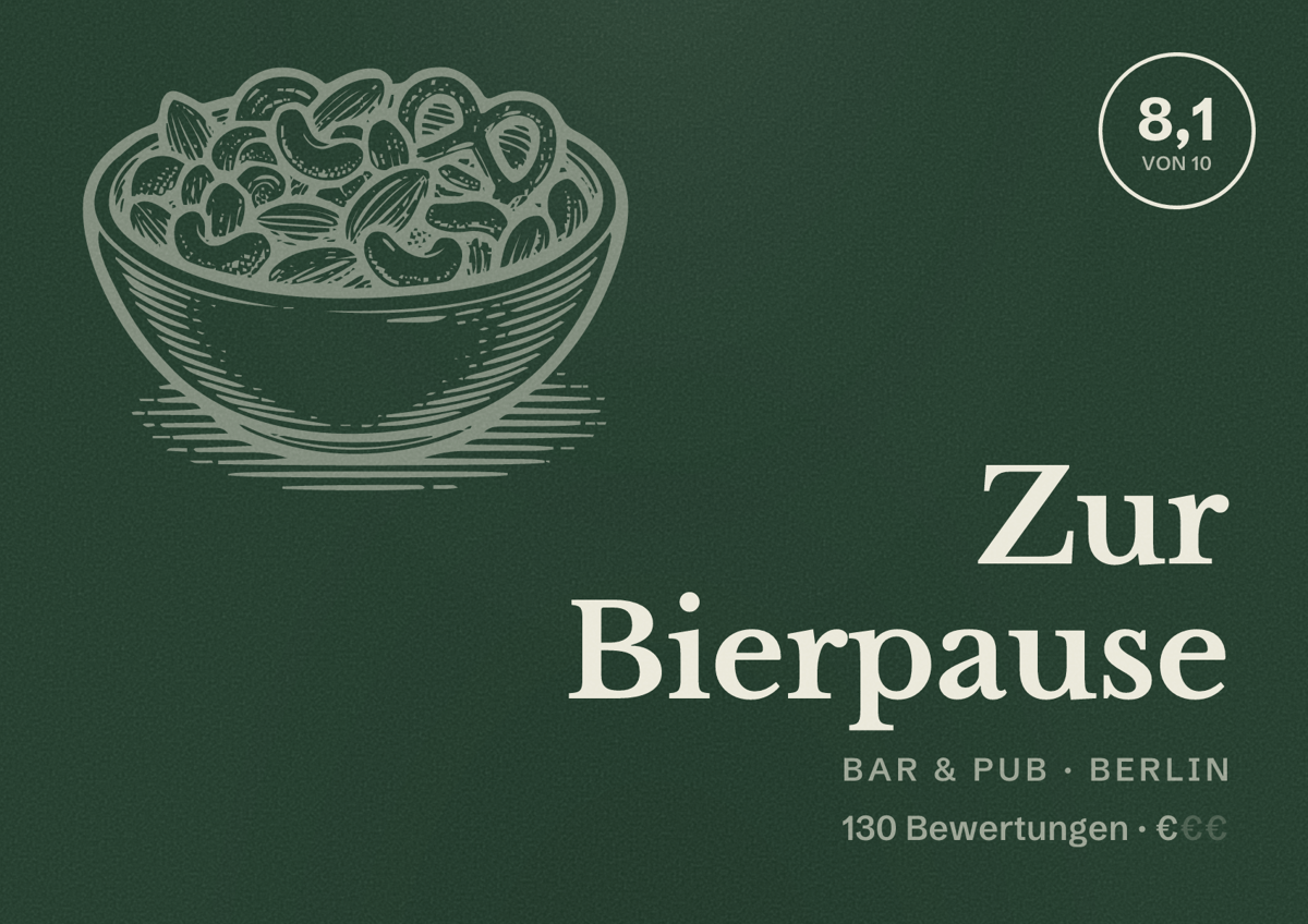 Illustriertes Poster von Zur Bierpause, Bar & Pub in Berlin: Bewertung 8,1 von 10 aus 130 Bewertungen, Preisniveau €
