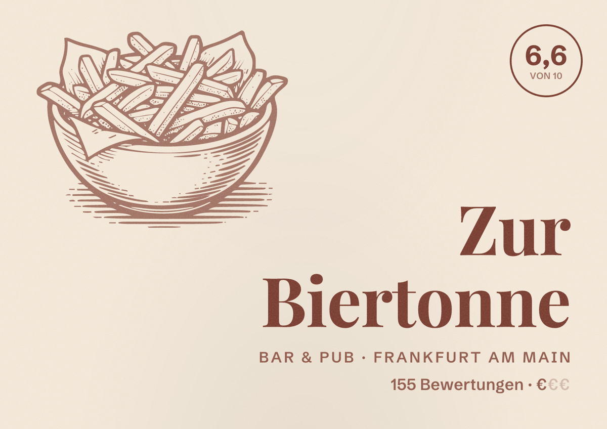 Illustriertes Poster von Zur Biertonne, Bar & Pub in Frankfurt am Main: Bewertung 6,6 von 10 aus 155 Bewertungen, Preisniveau €