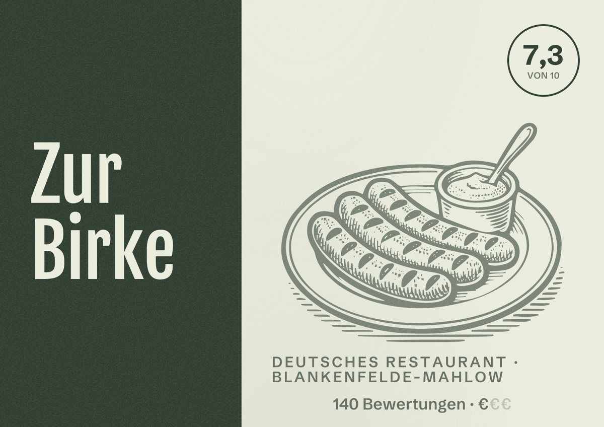 Illustriertes Poster von Zur Birke, Deutsches Restaurant in Blankenfelde-Mahlow: Bewertung 7,3 von 10 aus 140 Bewertungen, Preisniveau €