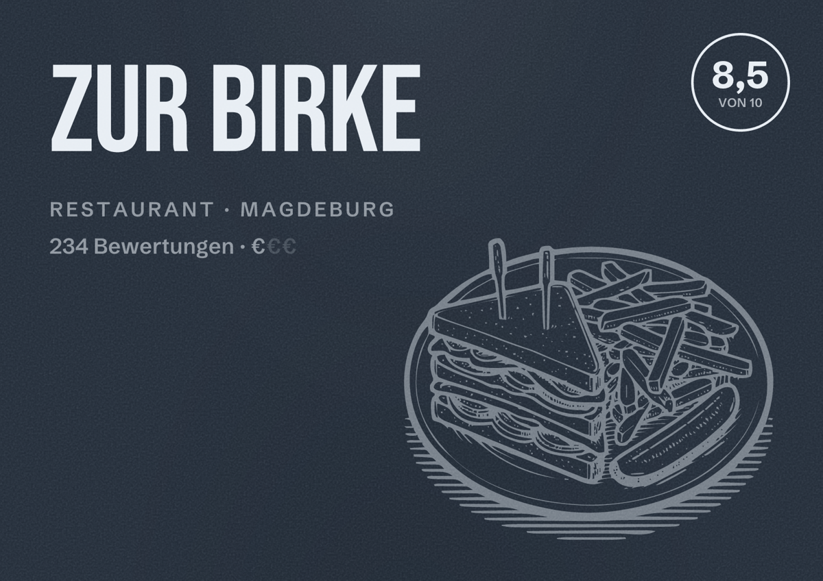 Illustriertes Poster von Zur Birke, Restaurant in Magdeburg: Bewertung 8,5 von 10 aus 234 Bewertungen, Preisniveau €
