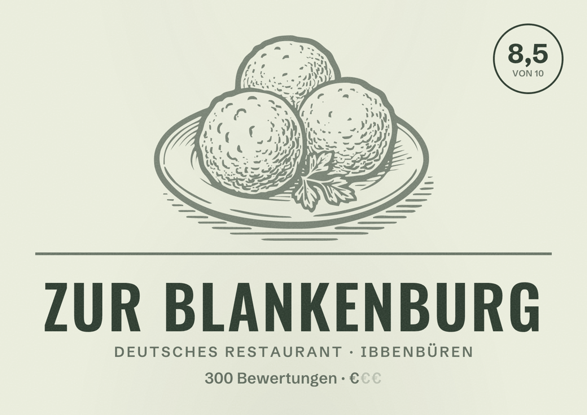Illustriertes Poster von Zur Blankenburg, Deutsches Restaurant in Ibbenbüren: Bewertung 8,5 von 10 aus 300 Bewertungen, Preisniveau €