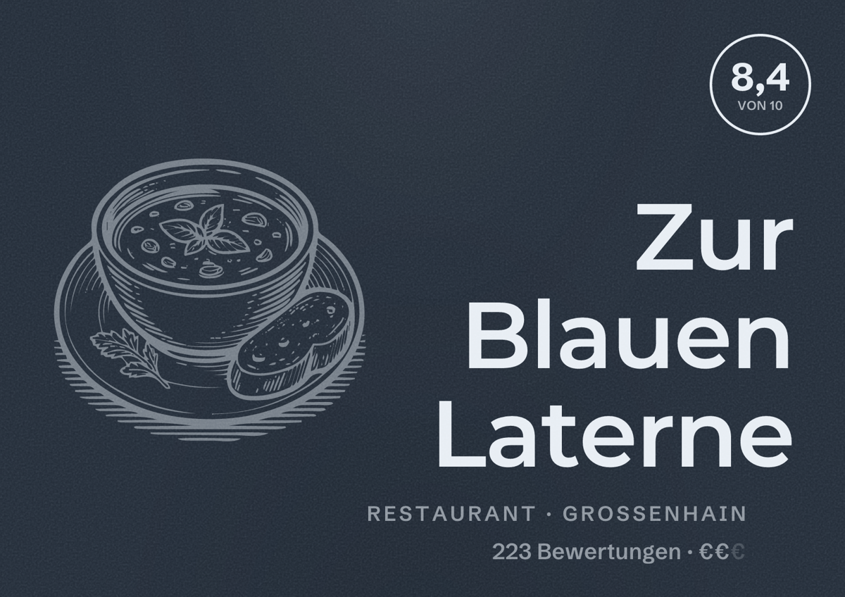 Illustriertes Poster von Zur Blauen Laterne, Restaurant in Großenhain: Bewertung 8,4 von 10 aus 223 Bewertungen, Preisniveau €€